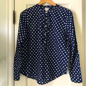 J Crew- Cotton Polka Dot Blouse w/Ruffle Detail- Size M- Navy & White